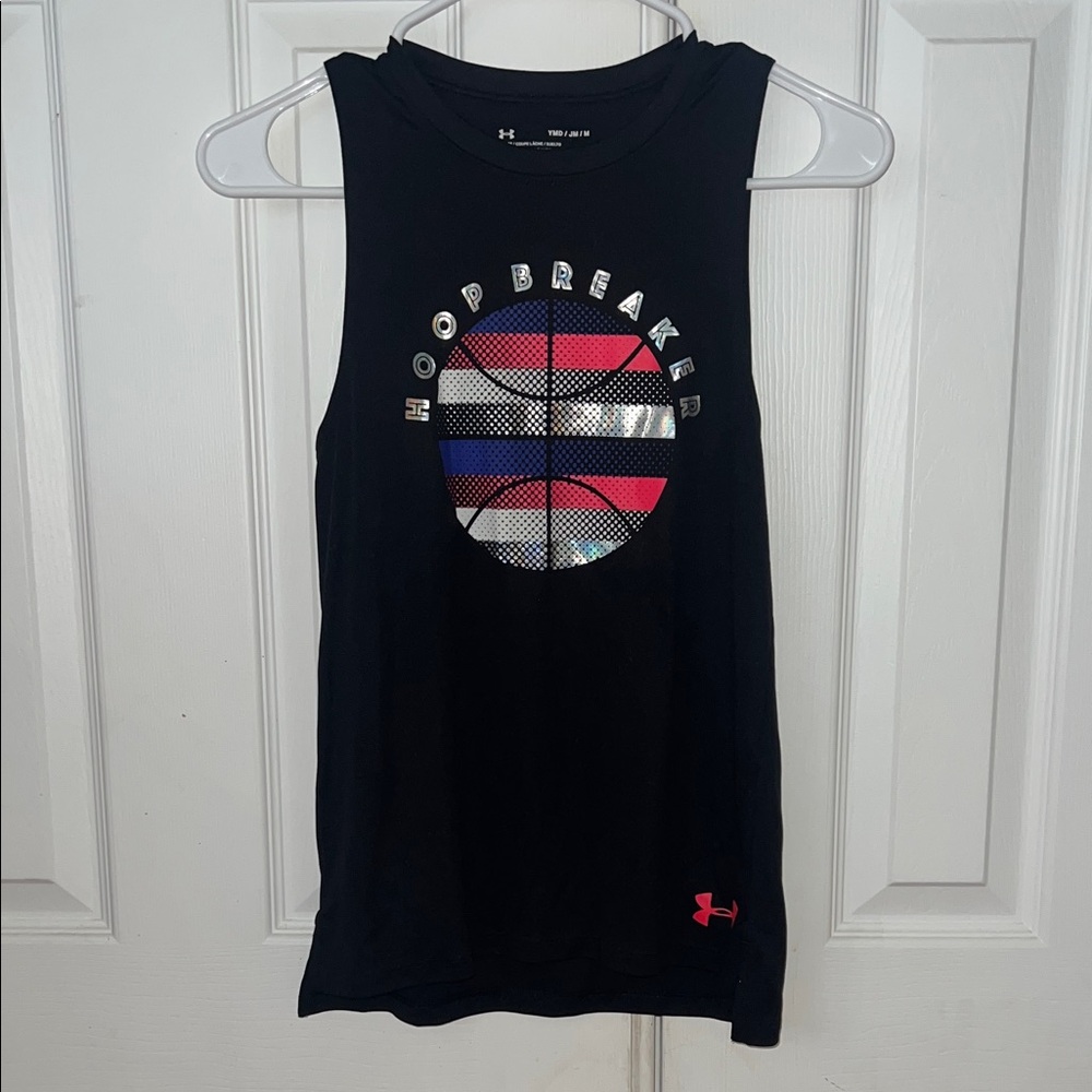 Girls M Under Armour Black Hoop Breaker Kids Tank Top